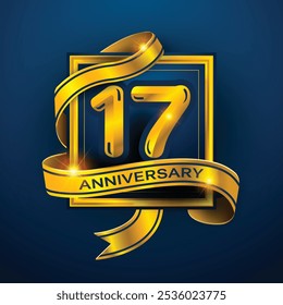 17th Anniversary design a golden ribbon wrapped around the number '17' on a dark blue background. Perfect for celebrating milestones or promoting anniversary events with a luxurious.