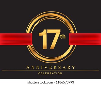 17th anniversary design logotype golden color with ring and red ribbon for anniversary celebration, elegant design.