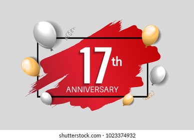 17th anniversary design with red brush, balloons, and square isolated on white background for celebration