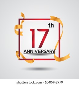 17th anniversary design with red color in square and golden ribbon isolated on white background for celebration