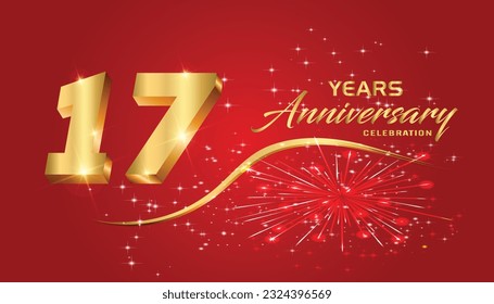 17th Anniversary fireworks and celebration background.Golden 3D lettering and a gold ribbon on dark red background,vector design for celebration, invitation card, and greeting card.