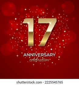 17th Anniversary. Golden number 17 with sparkling confetti and glitters for celebration events, weddings, invitations and greeting cards. Realistic 3d sign. Vector festive illustration