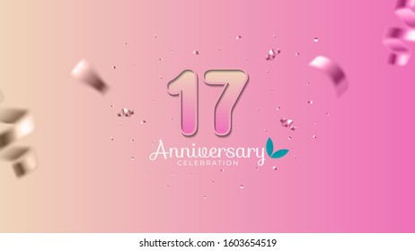 17th anniversary. Gradient pink and yellow Numbers with sparkling confetti. Modern elegant gradient background design vector EPS 10. For wedding party or company event decoration.