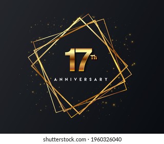 17th anniversary logo with confetti and golden frame isolated on black background, vector design for greeting card and invitation card.