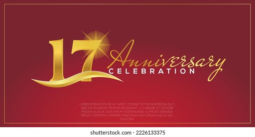  17th anniversary logo with confetti golden colored text isolated on red background, vector design for greeting card and invitation card