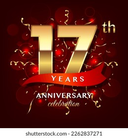 17th Anniversary logo design with golden numbers and red ribbon for anniversary celebration event, invitation, wedding, greeting card, banner, poster, flyer, brochure, book cover. Logo Vector Template