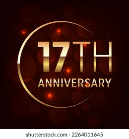 17th Anniversary logo design with golden number and text for anniversary celebration event, invitation, wedding, greeting card, banner, poster, flyer, brochure, book cover. Logo Vector Template