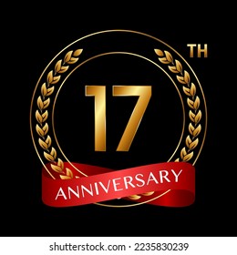 17th Anniversary. Anniversary Logo Design with Laurel Wreath and Red Ribbon for Celebration Event, Wedding, Invitation, Greeting Card. Logo Vector Illustration