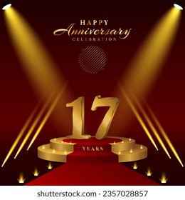 17th anniversary logo with numbers and podium in gold color, logo design for celebration event, invitation, greeting card, banner, poster, and flyer, vector template