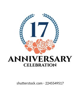 17th anniversary logo with rose and laurel wreath, vector template for birthday celebration.