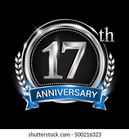 17th anniversary logo with silver ring combination blue ribbon and laurel wreath. Vector template for birthday celebration, party, wedding, invitation and greeting card