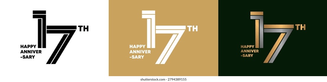 17th Anniversary logo style double line number. gold and silver color on white, green and yellow background for celebration event.