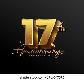 17th Anniversary Logotype with Gold Confetti Isolated on Black Background, Vector Design for Greeting Card and Invitation Card