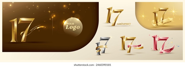 17th anniversary logotype modern gold number with shiny ribbon. alternative logo number Golden anniversary celebration