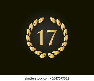 17th Anniversary Ring Logo Template. 17th Years Anniversary Logo With Golden Ring Isolated On Black Background, For Birthday, Anniversary And Company Celebration
