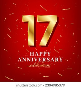 17th anniversary vector template with a golden number and golden confetti spread on a red background