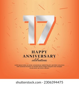 17th anniversary vector template with a white number and confetti spread on an orange background