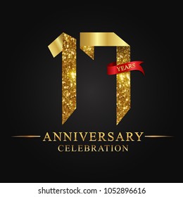17th anniversary years celebration logotype. Logo ribbon gold number and red ribbon on black background. 