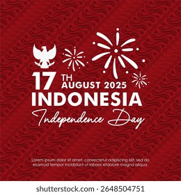 17th August 2025 - Indonesia Independence Day 80th Anniversary with festive typography and red batik Parang background. Beautiful Indonesia traditional batik background. Vector Illustration