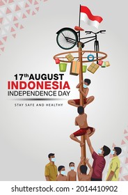 17th august Indonesia independence day background. Indonesia traditional special games during festival, children climbed the areca nut. vector illustration design. covid19, coronavirus concept