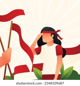 17th august indonesia independence day vector design. the theme of young women respecting the flag. suitable for post feeds and others.