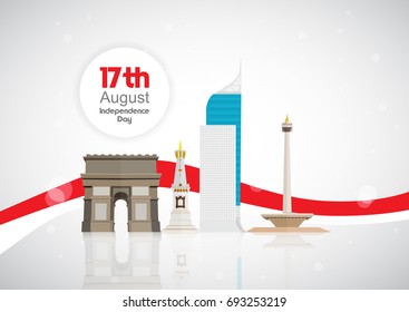 17th of August . Indonesia Independence Day Vector illustration with famous monuments & landmarks