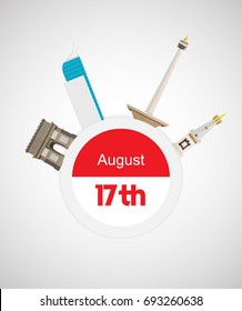 17th of August . Indonesia Independence Day Vector Ilustration with famous landmarks around flag