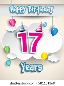 17th birthday Celebration Design, with clouds and balloons. Design greeting card and invitation for the celebration party of seventeen years anniversary