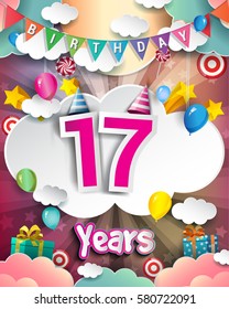 17th Birthday Celebration greeting card Design, with clouds and balloons. Vector elements for the celebration party of seventeen years anniversary