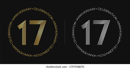 17th birthday. Seventeen years anniversary celebration banner in golden and silver colors. Circular logo with original numbers design in elegant lines.