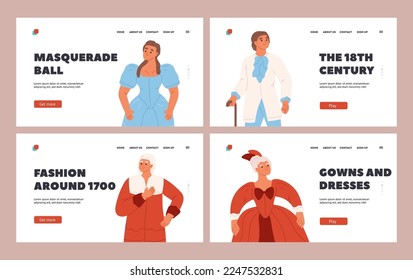 17th century fashion landing page with people dressed in retro outfits, costumes and wigs from vintage elegant clothing. Traditional noble clothes for masquerade. Cartoon flat vector illustration