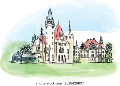 17th century Moszna Castle, historic castle and residence located in small village, one of the best known monuments in western part of Upper Silesia - vector illustration