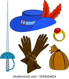 17th century musketeer equipment set: sword, gloves, hat with feather, ring and money, isolated on white background