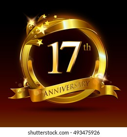 17th golden anniversary logo, 17 years anniversary celebration with ring and ribbon.