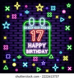 17th Happy Birthday 17 Year old Neon sign. Glowing with colorful neon light. Light art. Isolated on black background. Vector Illustration svg