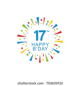 17th Happy Birthday logo, circle shape, colorful sunburst, red blue green yellow color
