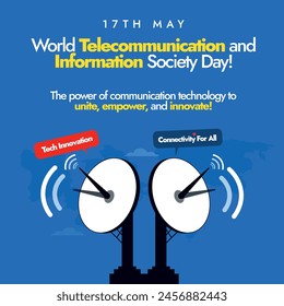 17th May World Telecommunication and information society day banner with satellite antennas. This day raise global awareness of social changes brought about by the Internet and new technologies.