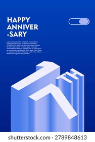 17th Modern anniversary poster template featuring a bold 3d isometric number on a vibrant blue background.