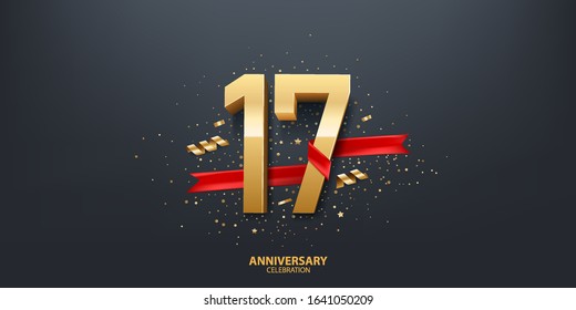17th Year anniversary celebration background. 3D Golden number wrapped with red ribbon and confetti on black background.