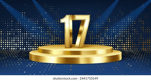 17th Year anniversary celebration background. Golden 3D numbers on a golden round podium, with lights in background.