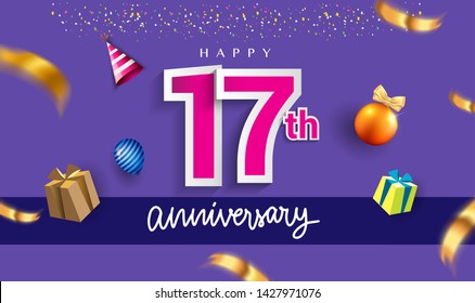 17th Years Anniversary Celebration Design, with gift box and balloons, ribbon, Colorful Vector template elements for your birthday celebrating party.