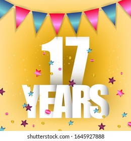 17th Years Anniversary celebration isolated on yellow background, vector elements for banner, invitation card and birthday party. Colorful sparkling candles on yellow background. Birthday, anniversary