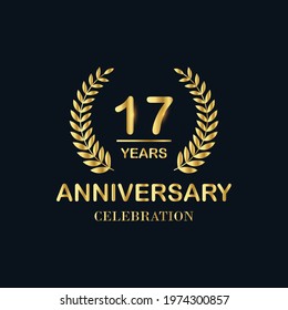 17th years anniversary celebration logo golden colour , laurel wreath invitation card, and greeting card, vector design template.