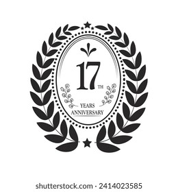 17th Years Anniversary celebration. Vector Template festive illustration Golden Color,. Birthday or wedding party event decoration.