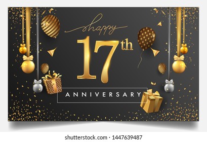 17th years anniversary design for greeting cards and invitation, with balloon, confetti and gift box, elegant design with gold and dark color, design template for birthday celebration.