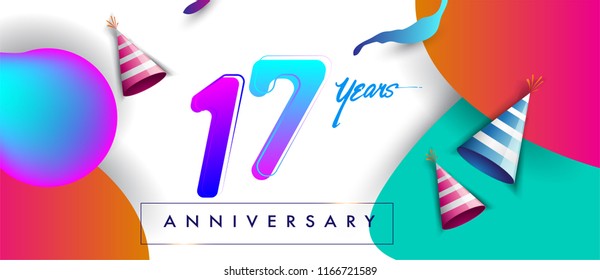17th years anniversary logo, vector design birthday celebration with colorful geometric background and futuristic elements