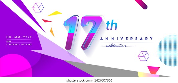 17th years anniversary logo, vector design birthday celebration with colorful geometric background and circles shape.