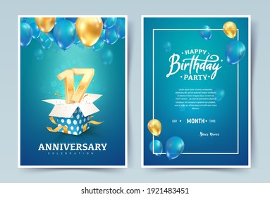 17th years birthday vector invitation double card. Seventeen years anniversary celebration brochure. Template of invitational for print on blue background