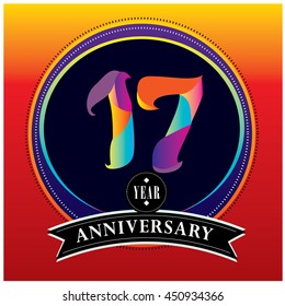 17th years greeting card anniversary with colorful number and frame. logo and icon with circle badge and background