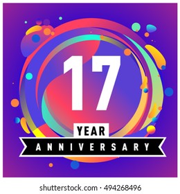 17th years greeting card anniversary with colorful number and frame. logo and icon with circle badge and background
